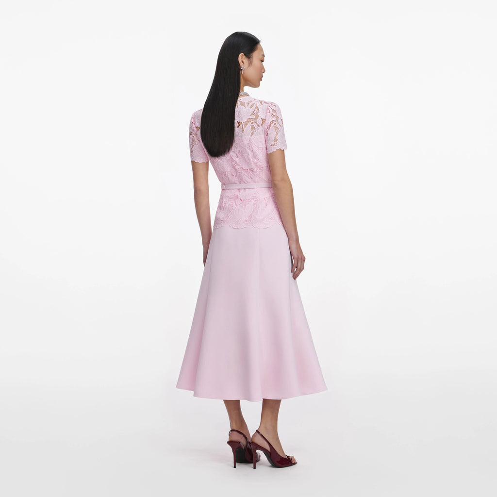 Pink Lace Crepe Midi Dress