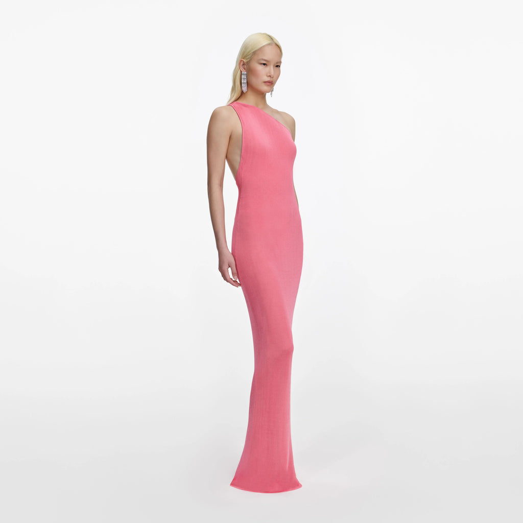 Pink Viscose Knit One Shoulder Maxi Dress