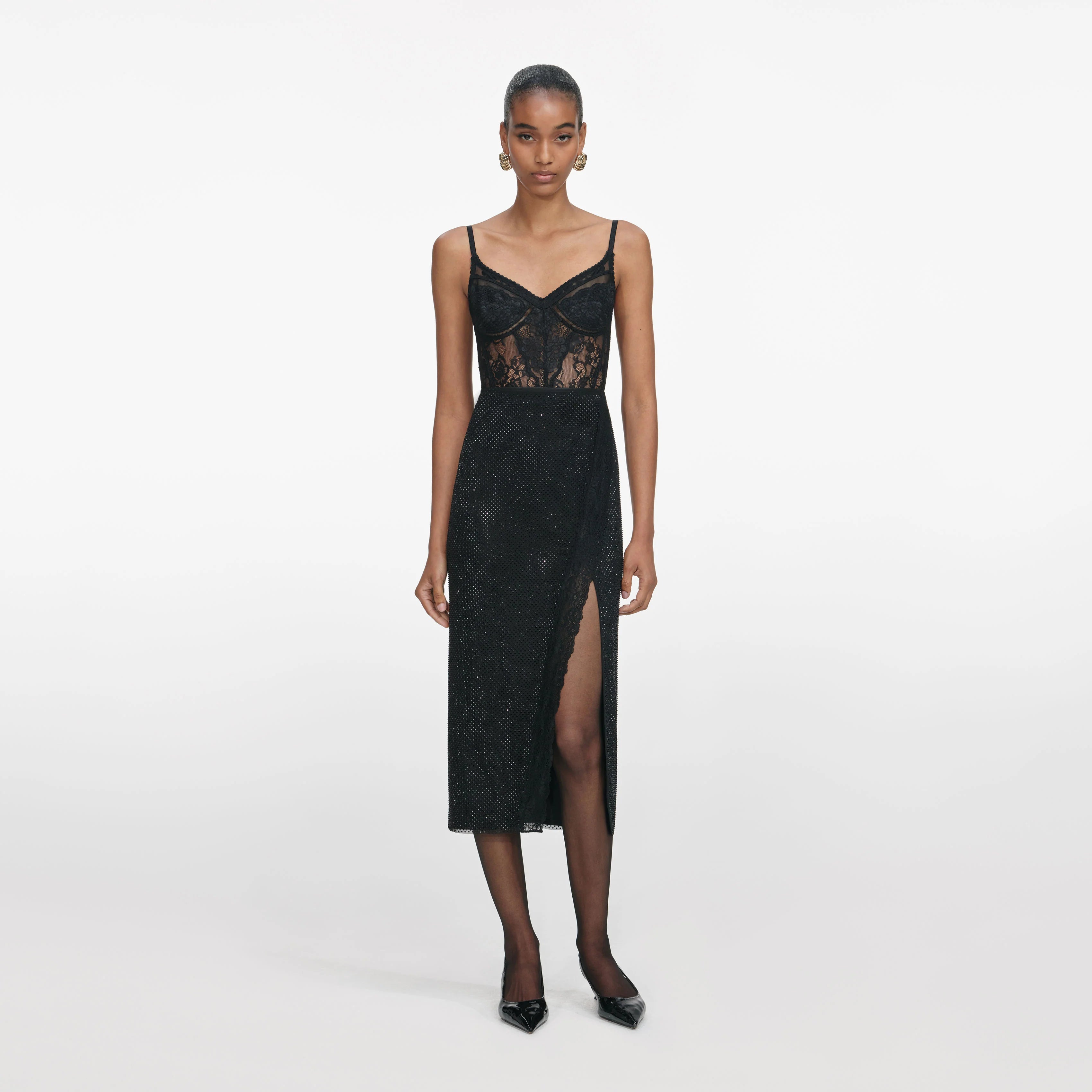 Black Rhinestone Midi Skirt