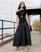 Black Cotton Draped Knit Midi Dress