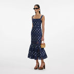 Navy Polka Dot Linen Midi Dress