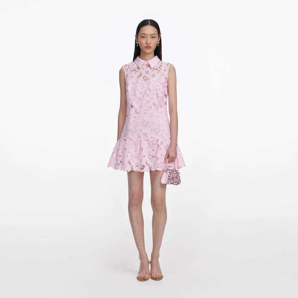 Pink Lace Collared Mini Dress