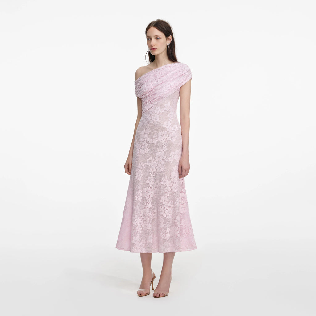 Pink Rhinestone Lace Asymmetric Midi Dress