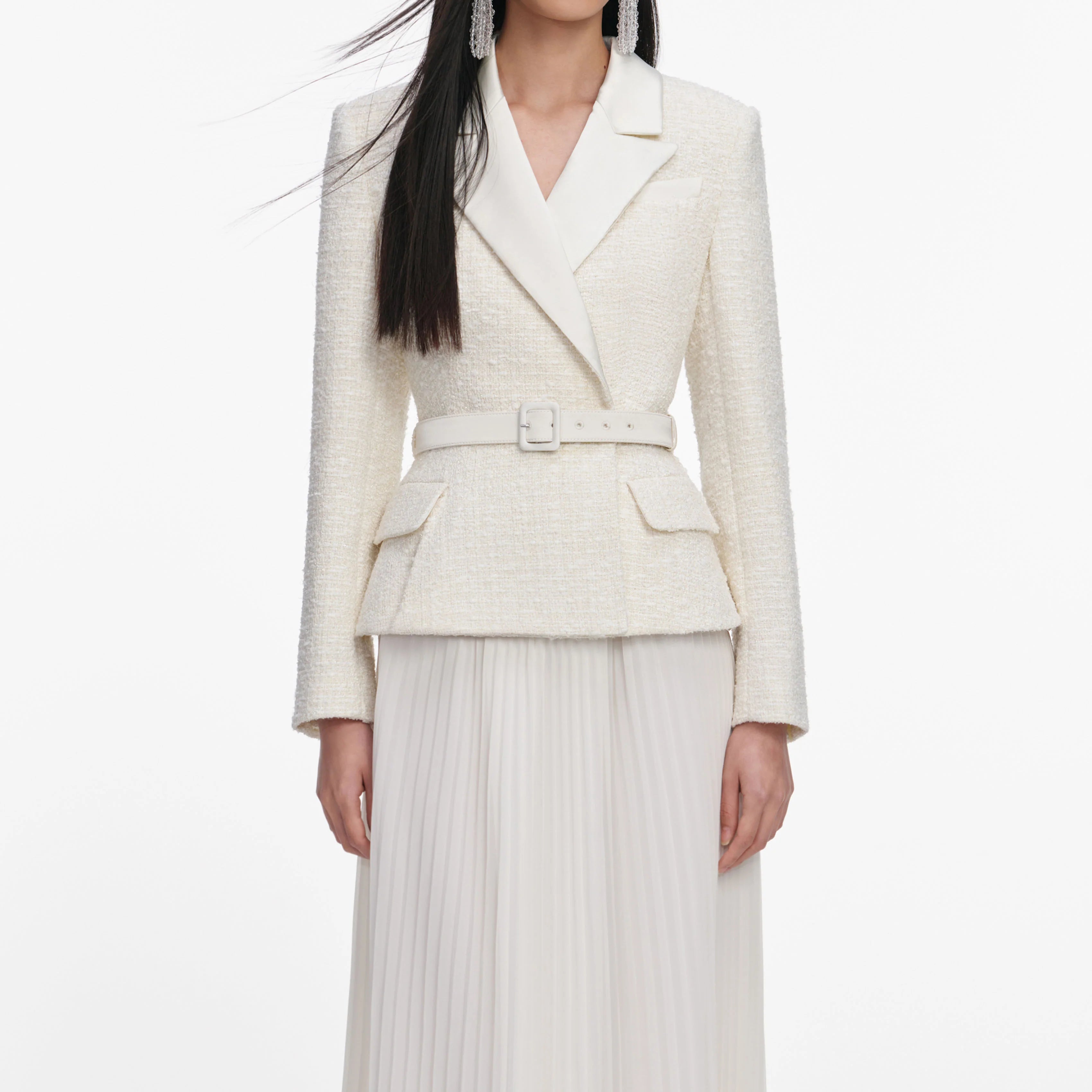Cream Tailored Boucle Chiffon Maxi Dress