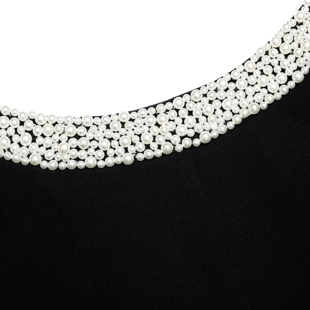 Black Crepe Pearl Trim Midi Dress