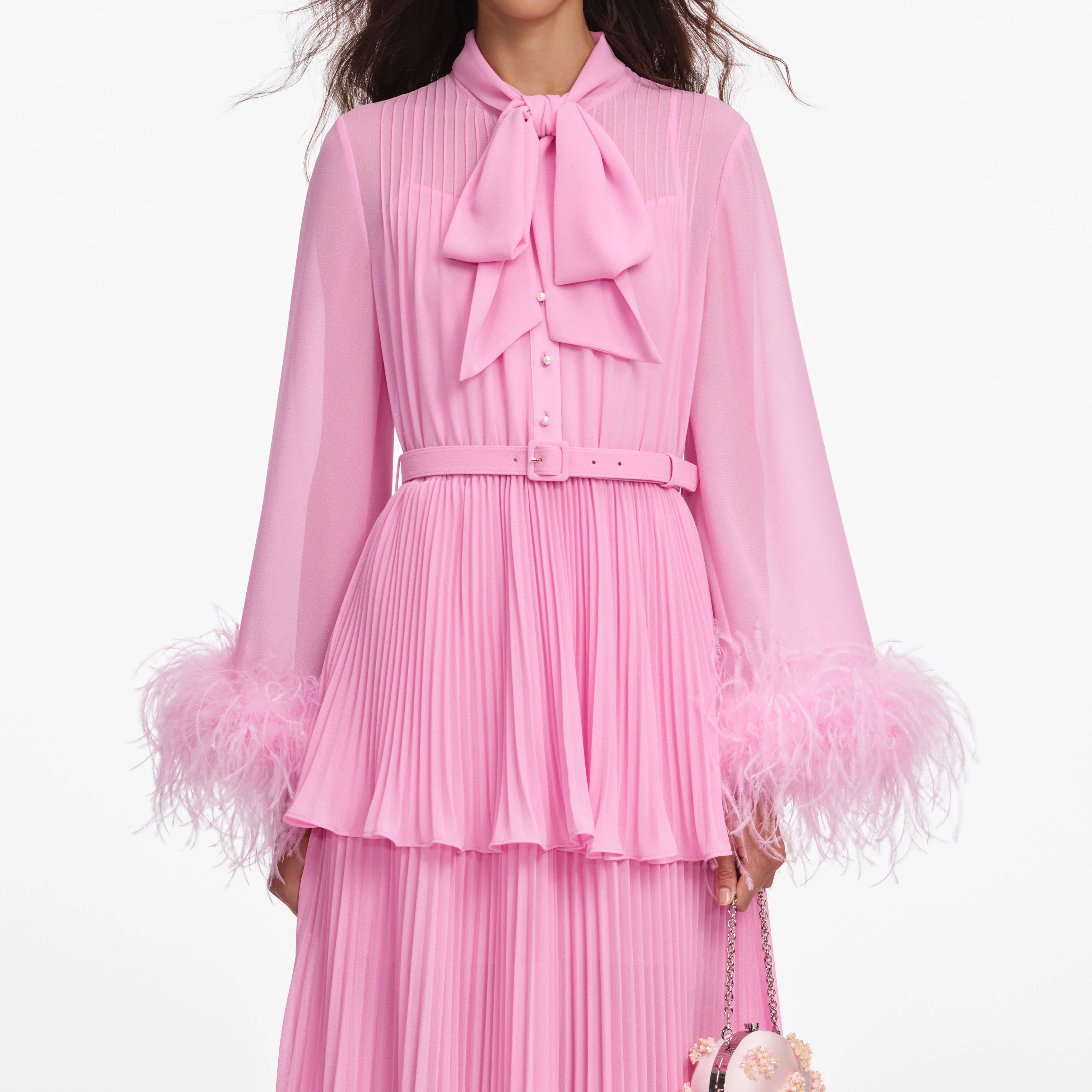 Pink Georgette Feather Cuff Maxi Dress