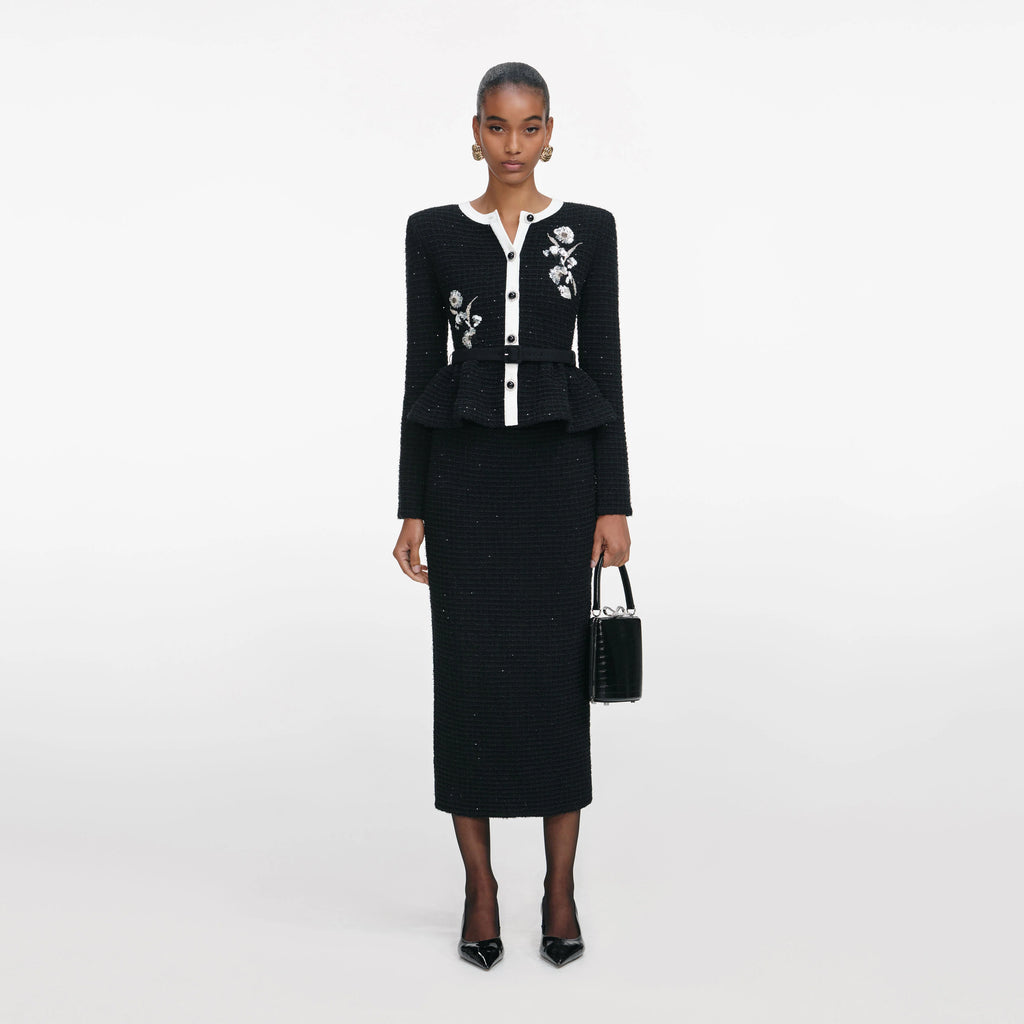 Black Floral Textured Knit Midi Dress