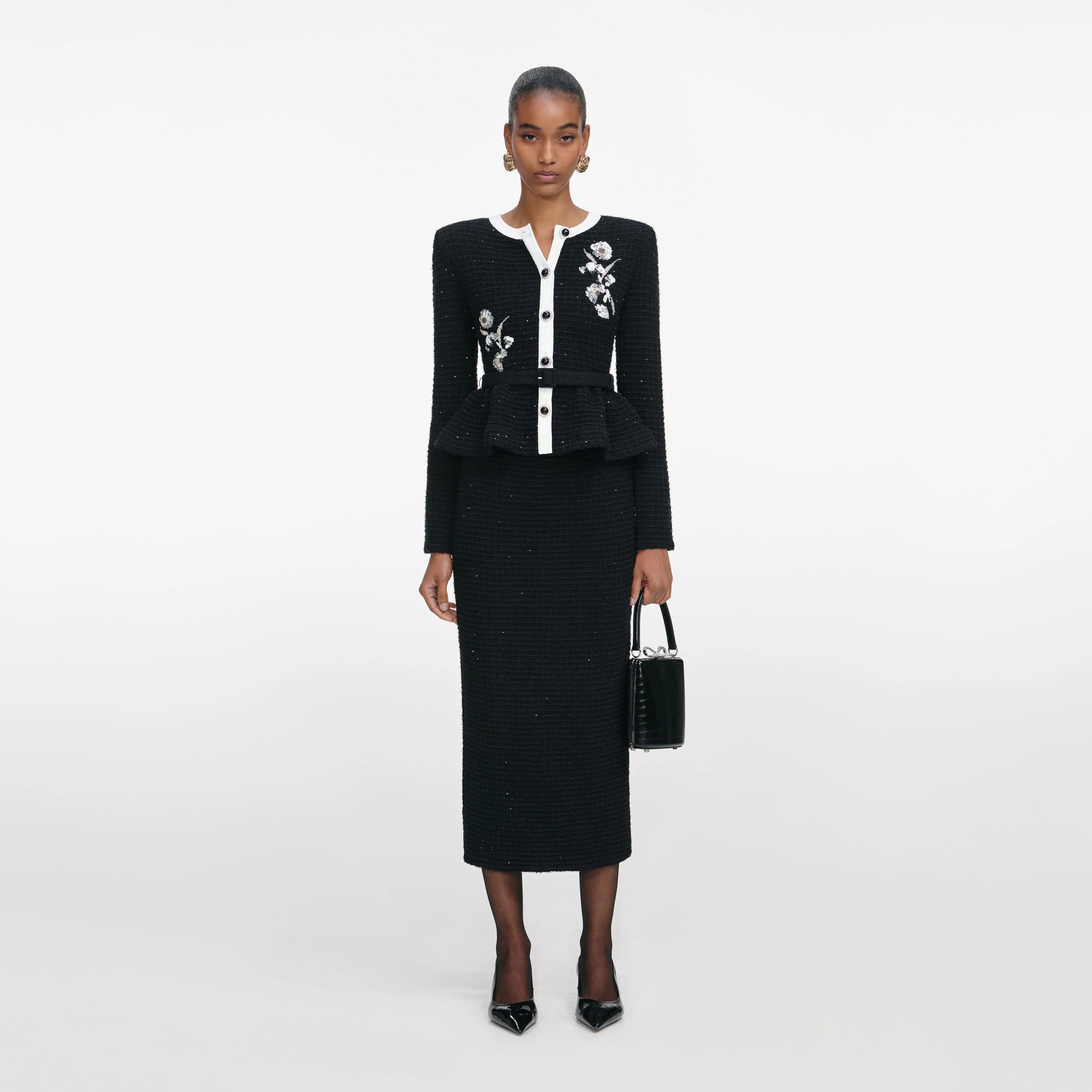 Black Floral Textured Knit Midi Dress