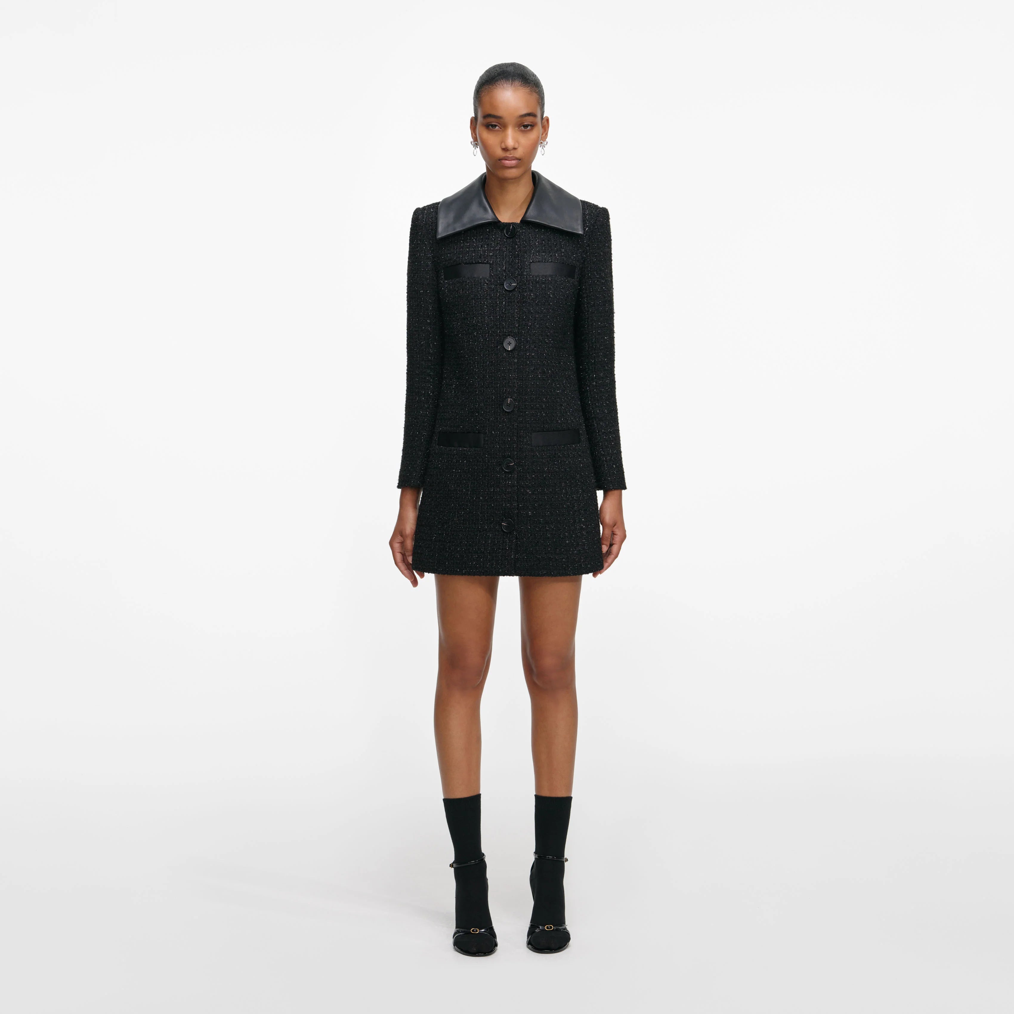 Black Boucle Contrast Collar Mini Dress