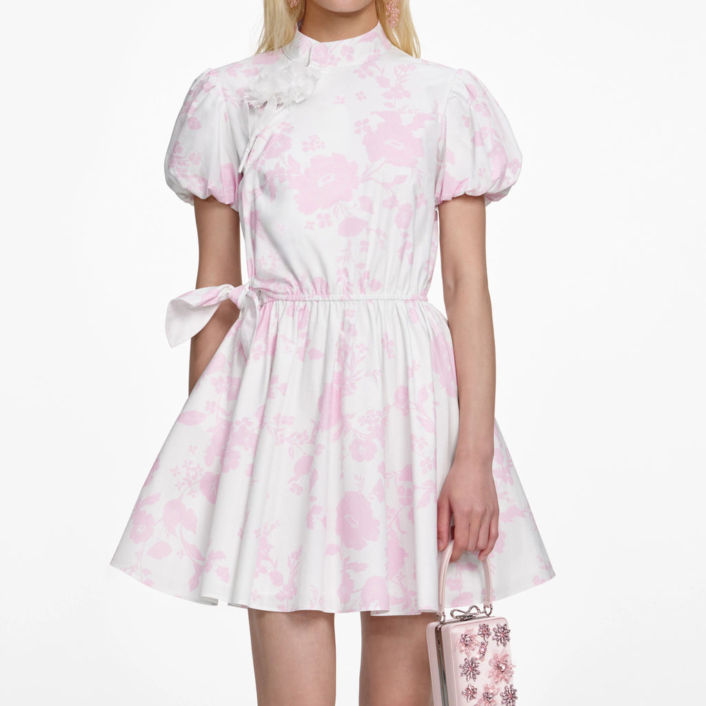 Pink Floral Cotton Drape Mini Dress