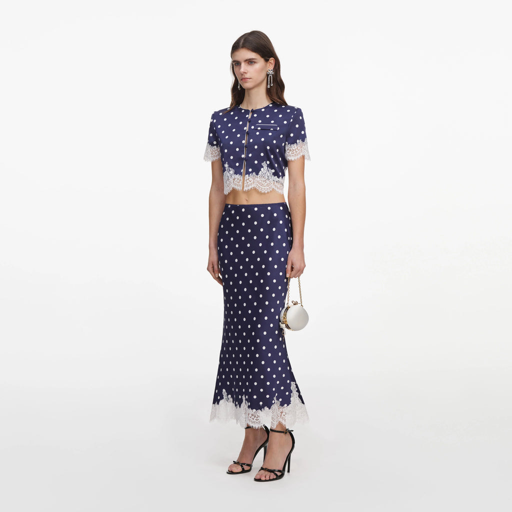 Navy Polka Dot Satin Midi Skirt