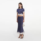Navy Polka Dot Satin Midi Skirt