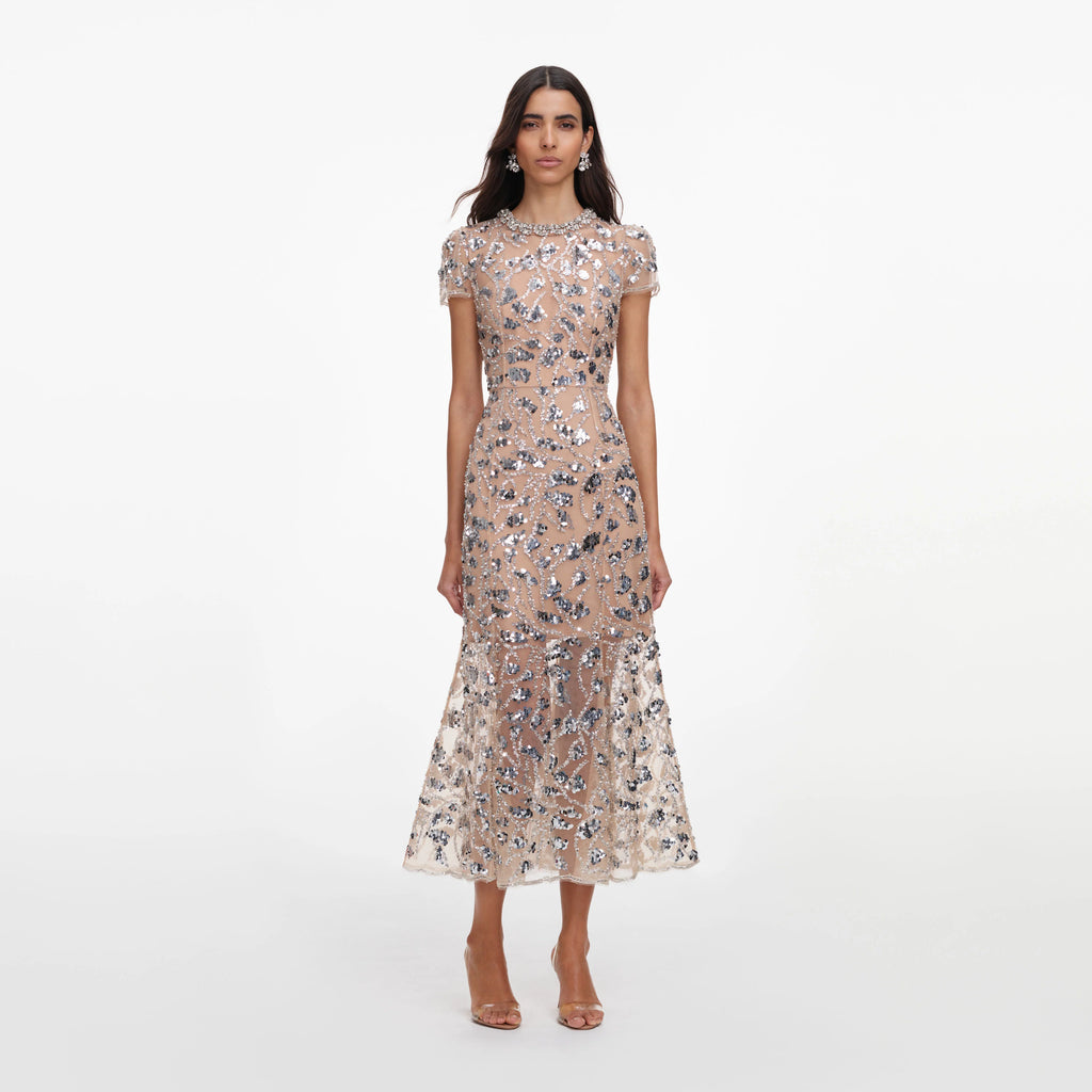 Silver Sequin Embellished Midi Dress