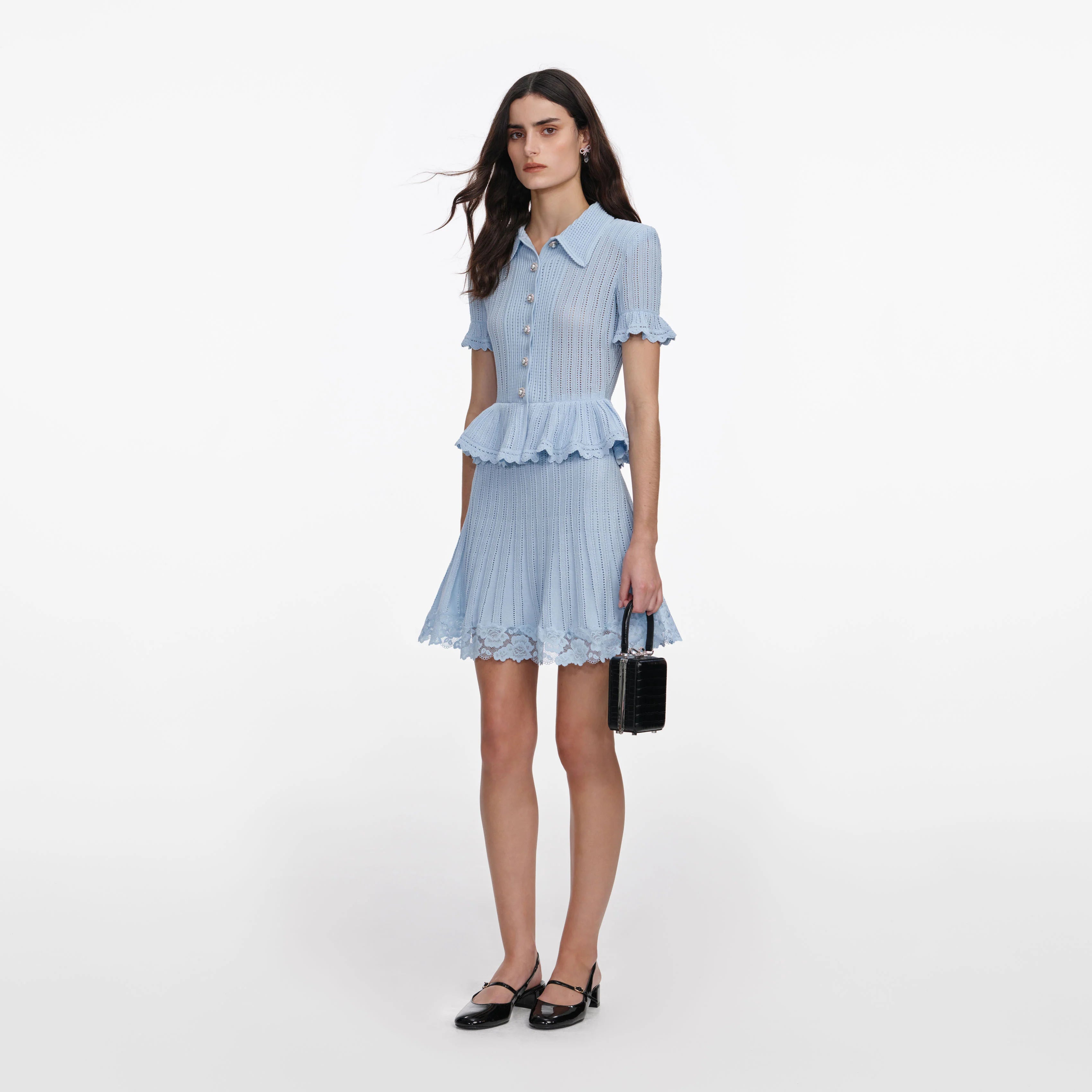 Blue Pointelle Peplum Knit Mini Dress