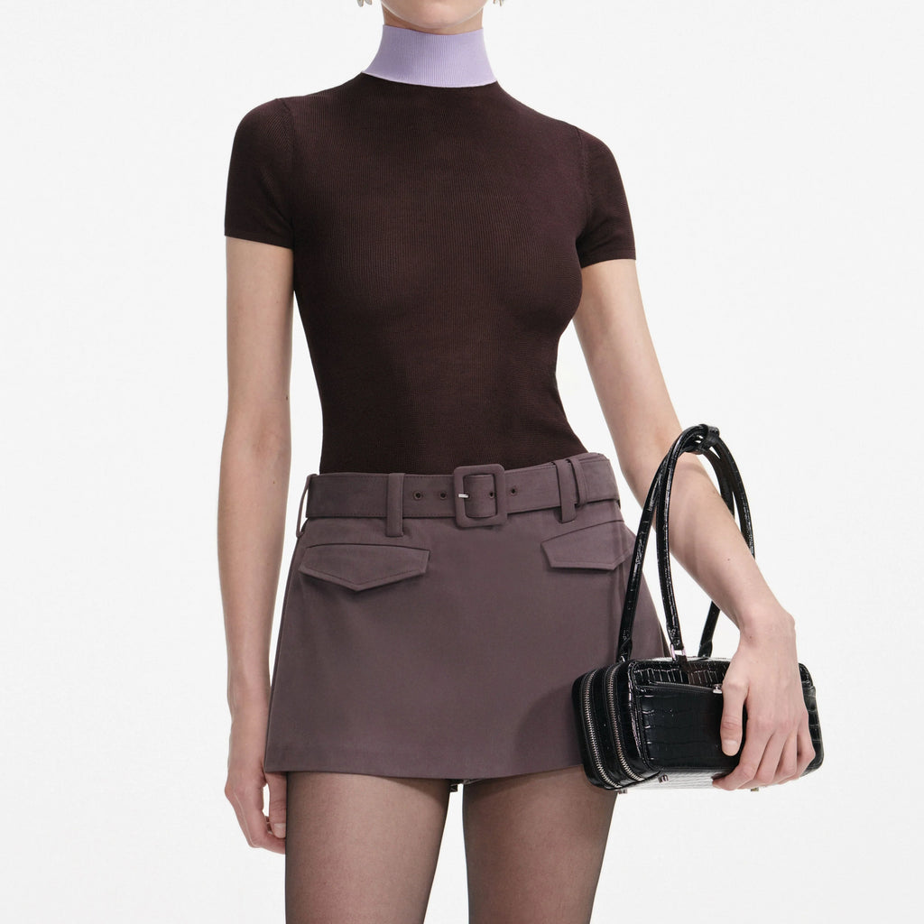 Brown Viscose Knit Short Sleeve Top
