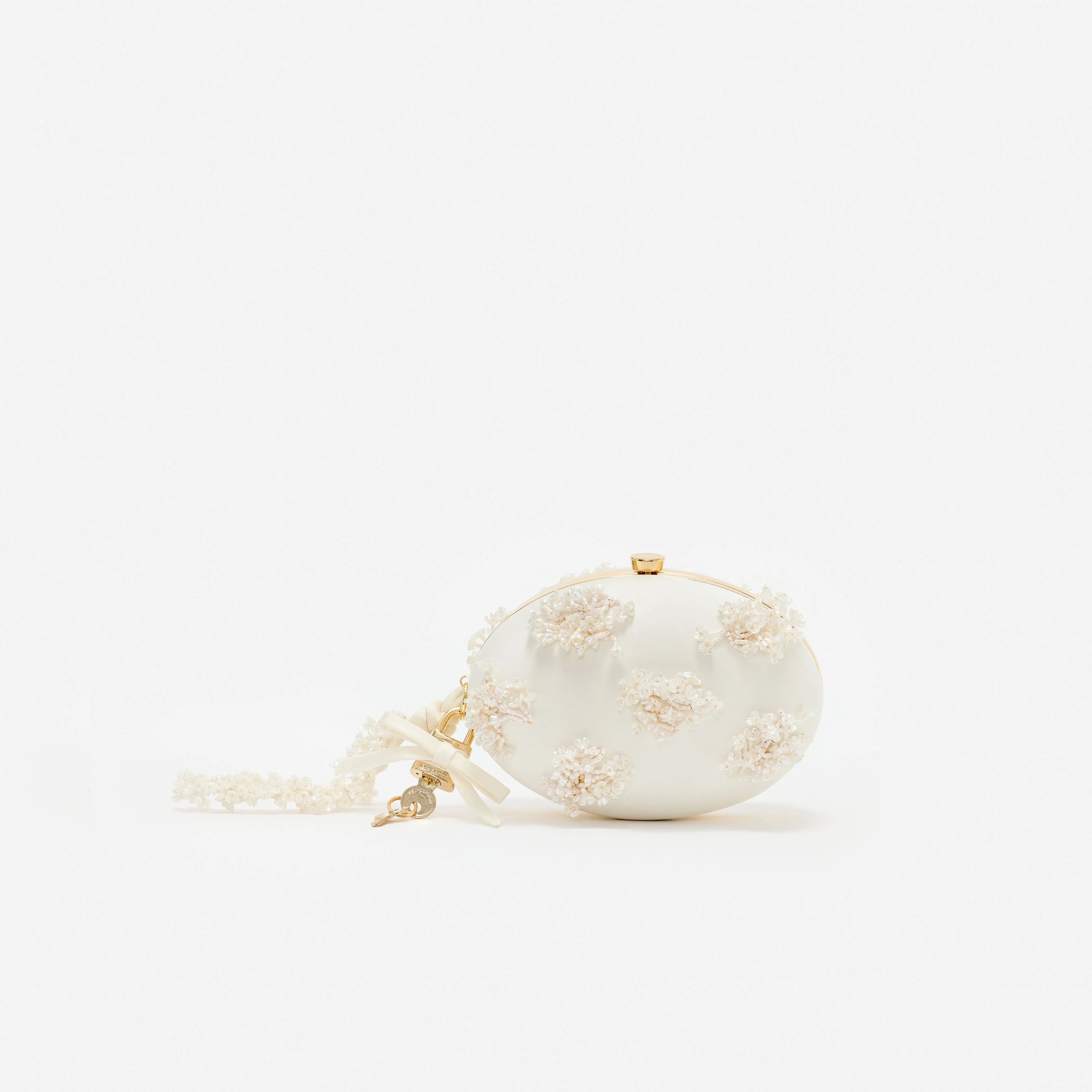 Cream Satin Floral Beaded Oval Clutch