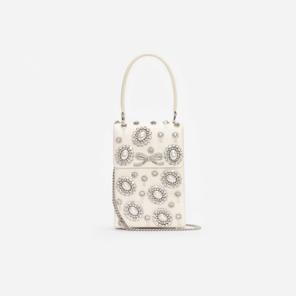 Cream Satin Crystal Mini Bow Bag