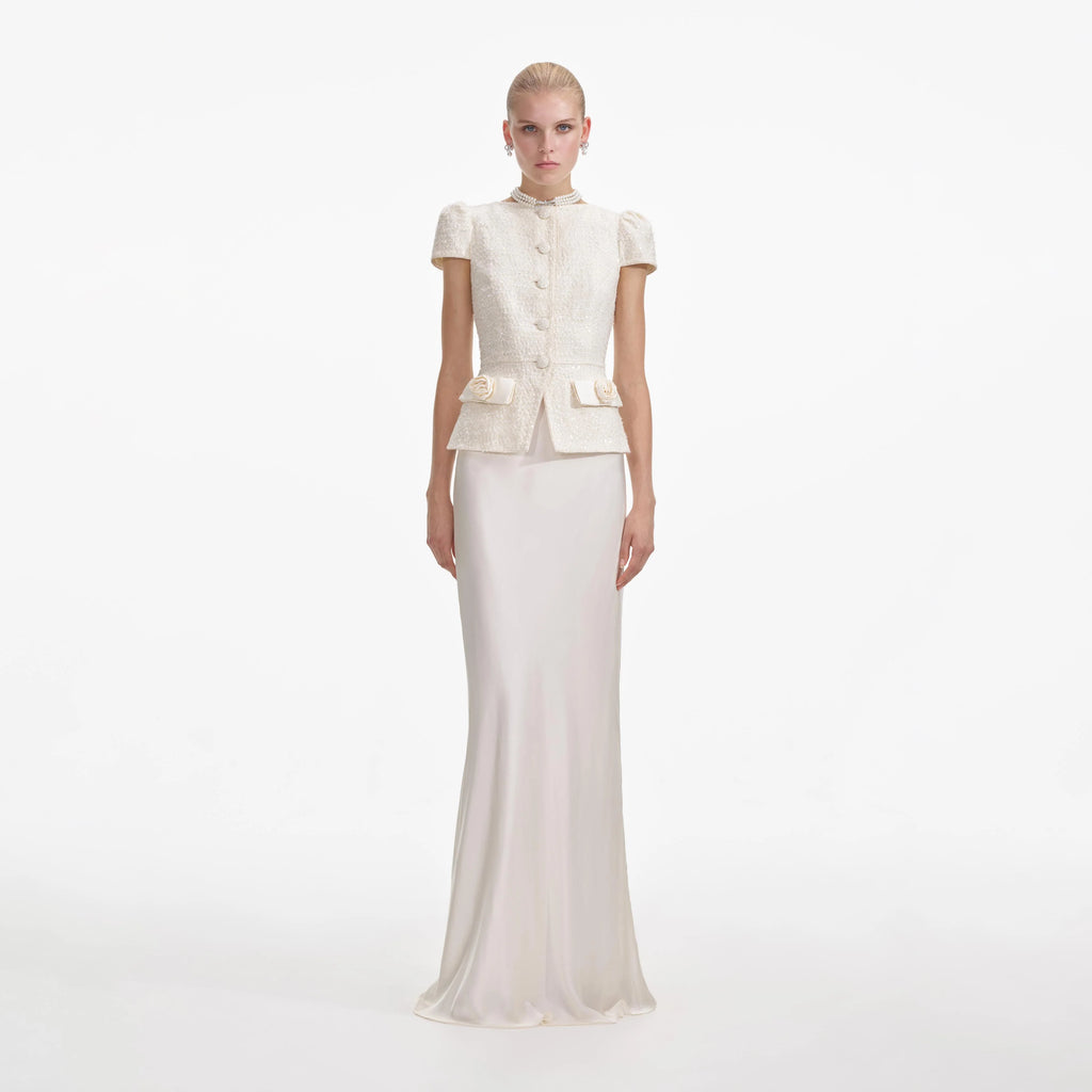 Cream Boucle Bow Detail Maxi Dress