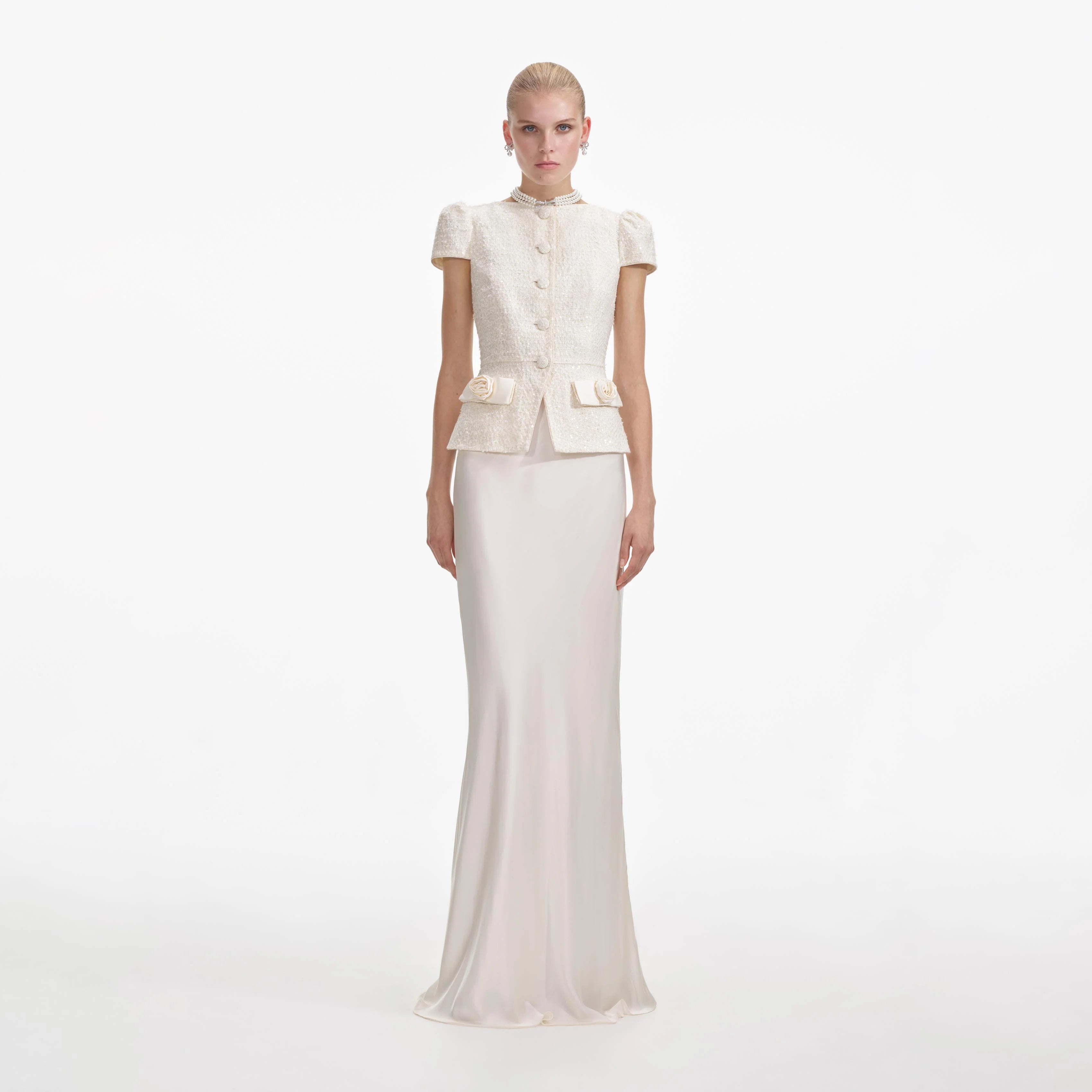 Cream Boucle Bow Detail Maxi Dress