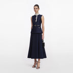 Navy Taffeta Contrast Frill Midi Dress