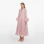 Pink Metallic Chiffon Feather Midi Dress
