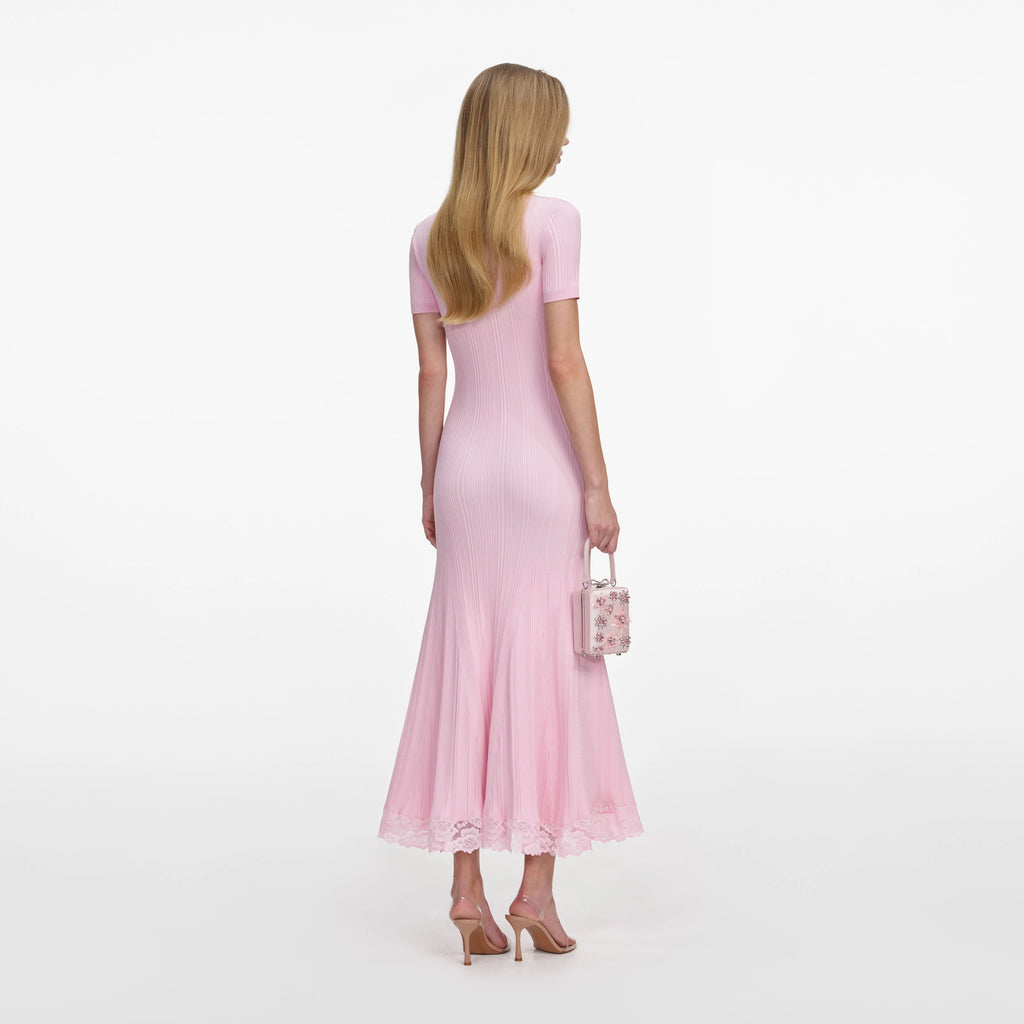 Pink Knit Lace Insert Midi Dress