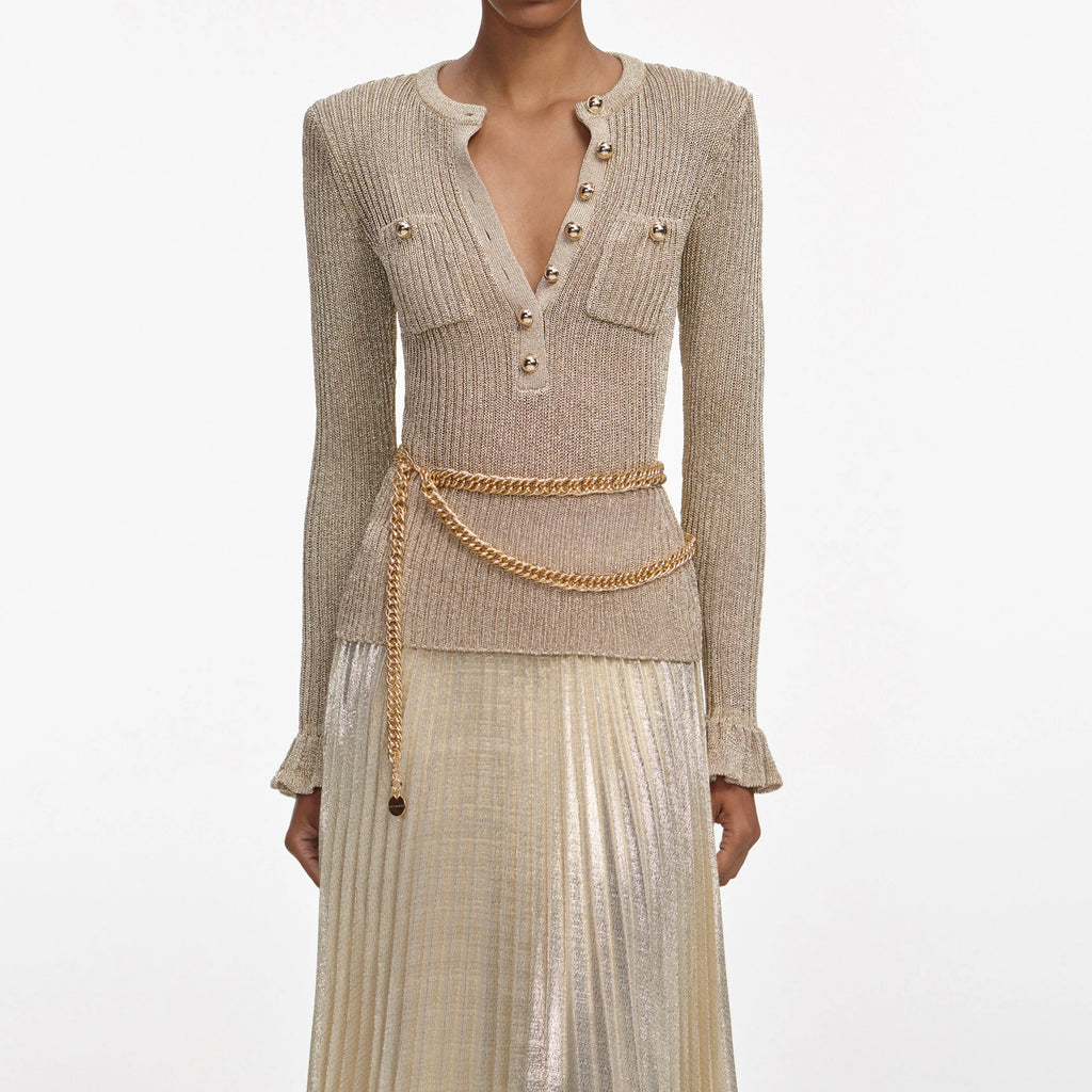 Gold Lurex Ribbed Knit Maxi Dress