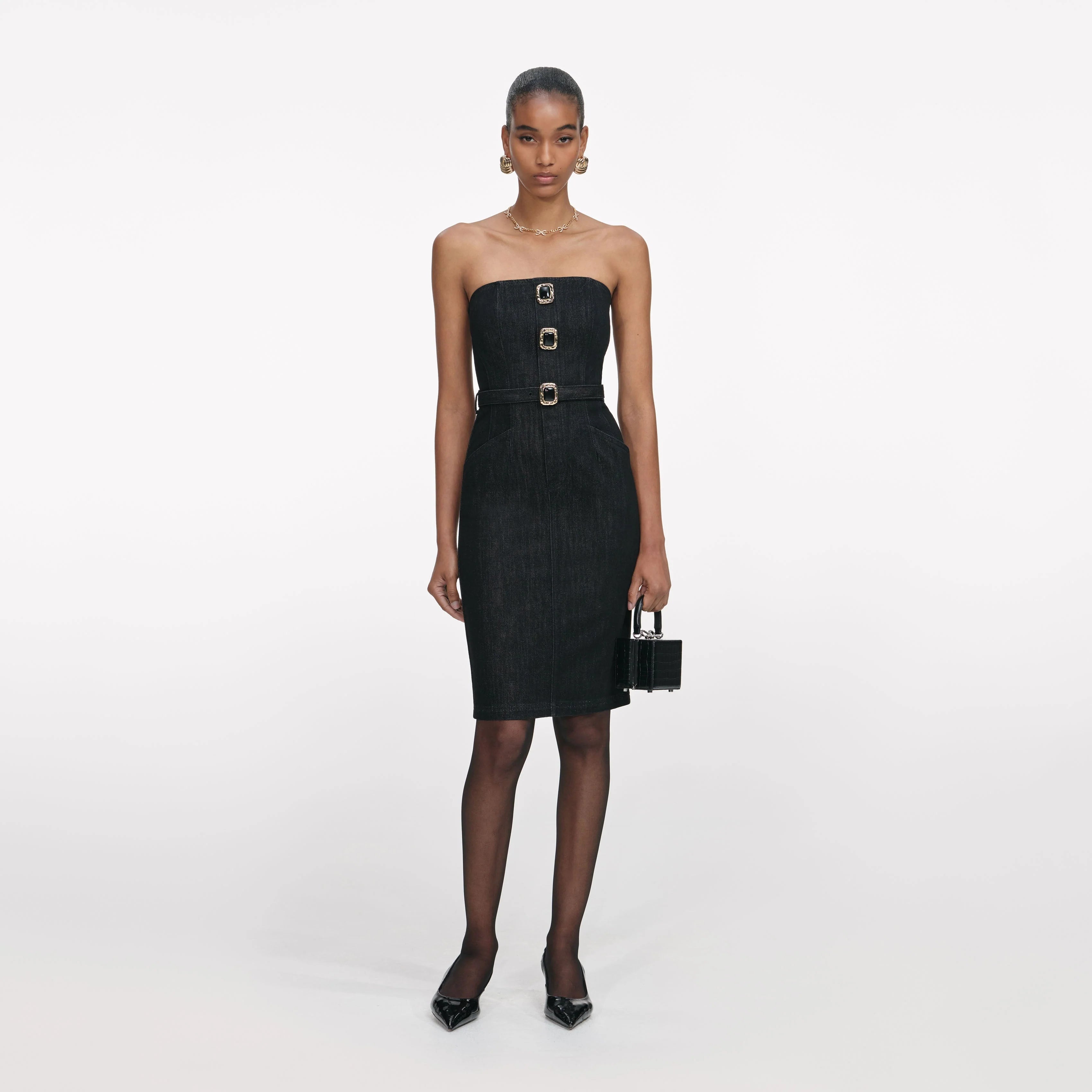 Black Denim Bandeau Midi Dress