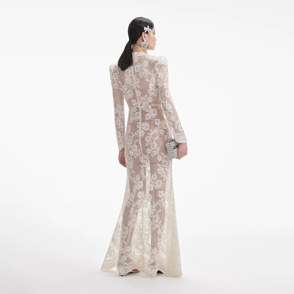 White Rhinestone Lace Maxi Dress