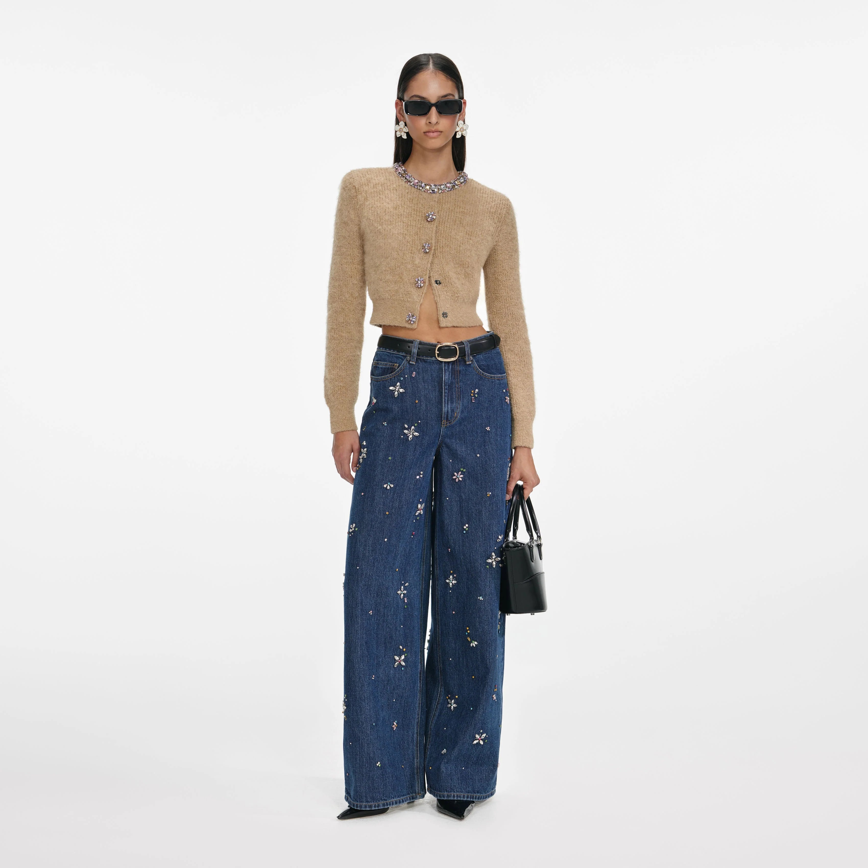 Blue Embellished Wide Leg Jeans