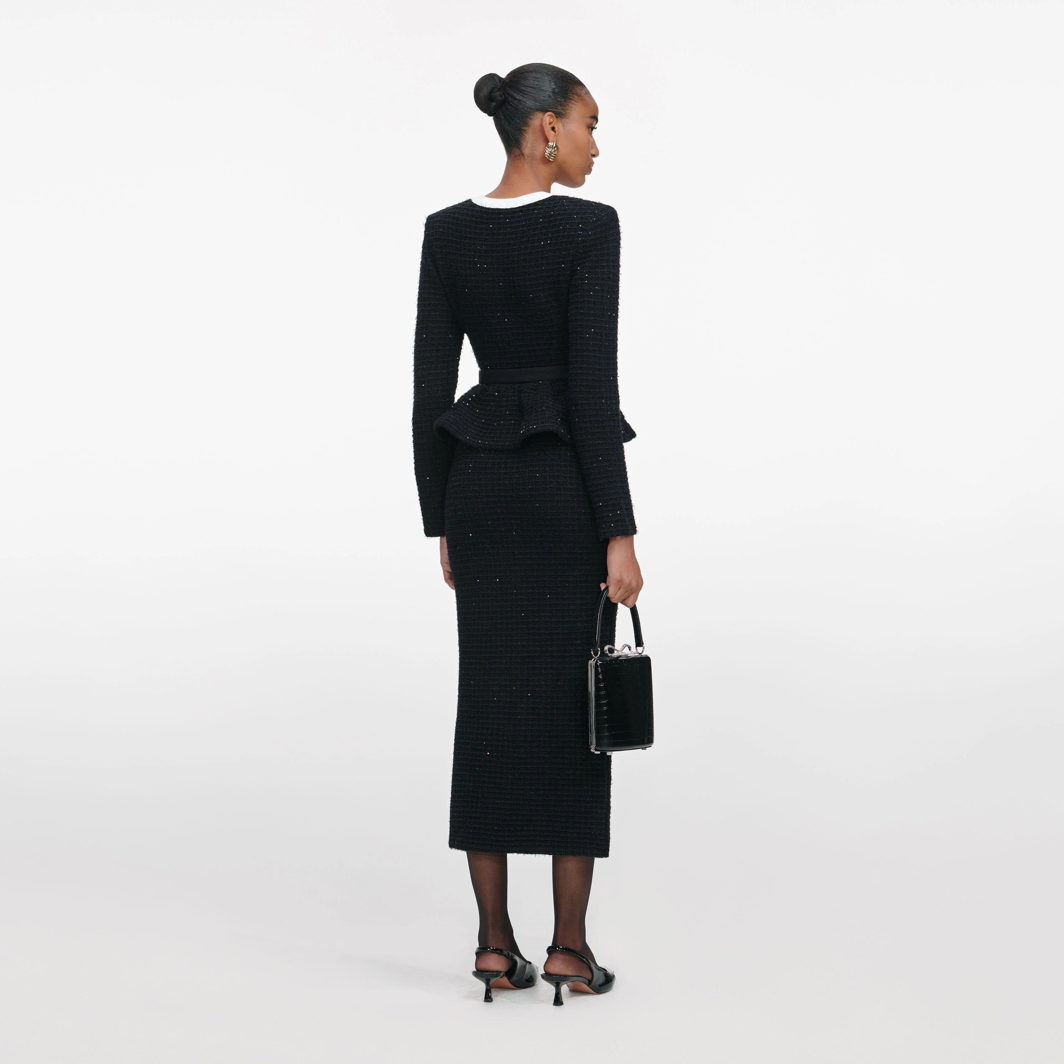 Black Floral Textured Knit Midi Dress