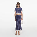 Navy Polka Dot Satin Midi Skirt
