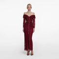 Burgundy Off Shoulder Gathered Lace Maxi Dress