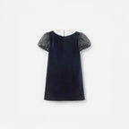 Navy Velvet Tulle Flower Trim Dress