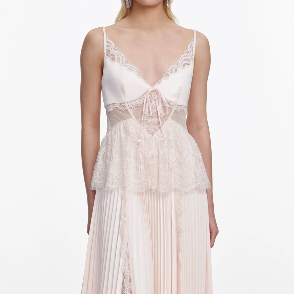 Blush Satin Lace Midi Dress