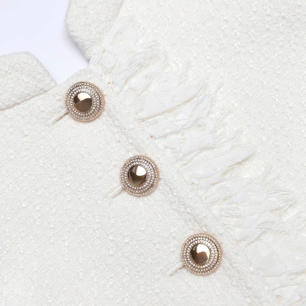 Cream Boucle Lace Trim Mini Dress