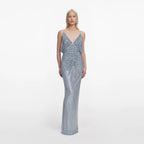 Blue Rhinestone Mesh Maxi Dress