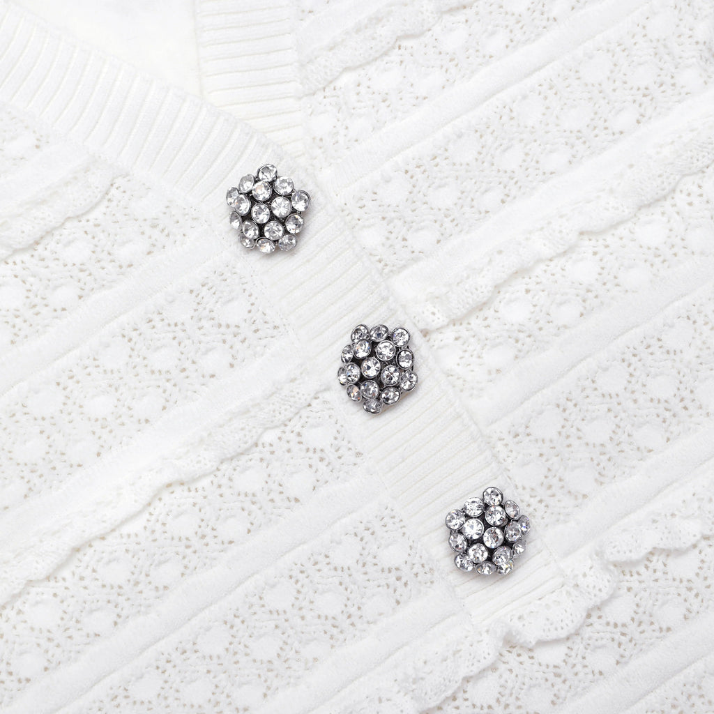 White Pointelle Diamante Knit Mini Dress