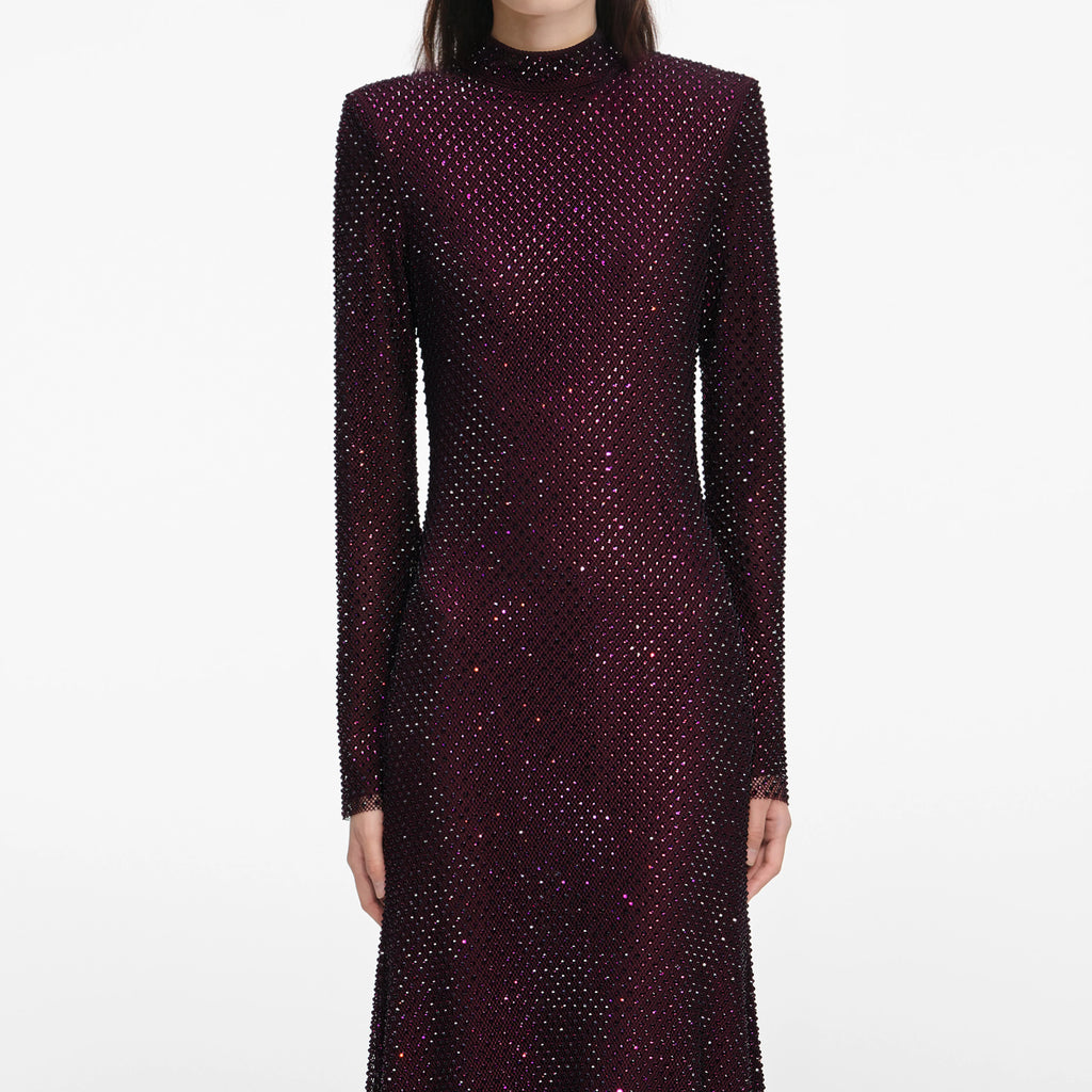 Burgundy Rhinestone Fishnet Midi Dress