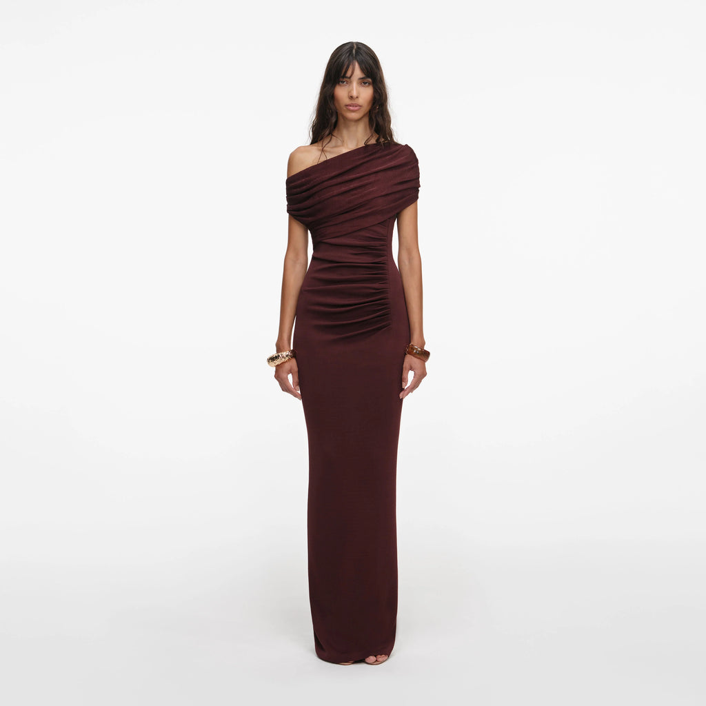 Brown Draped Knit Midi Dress