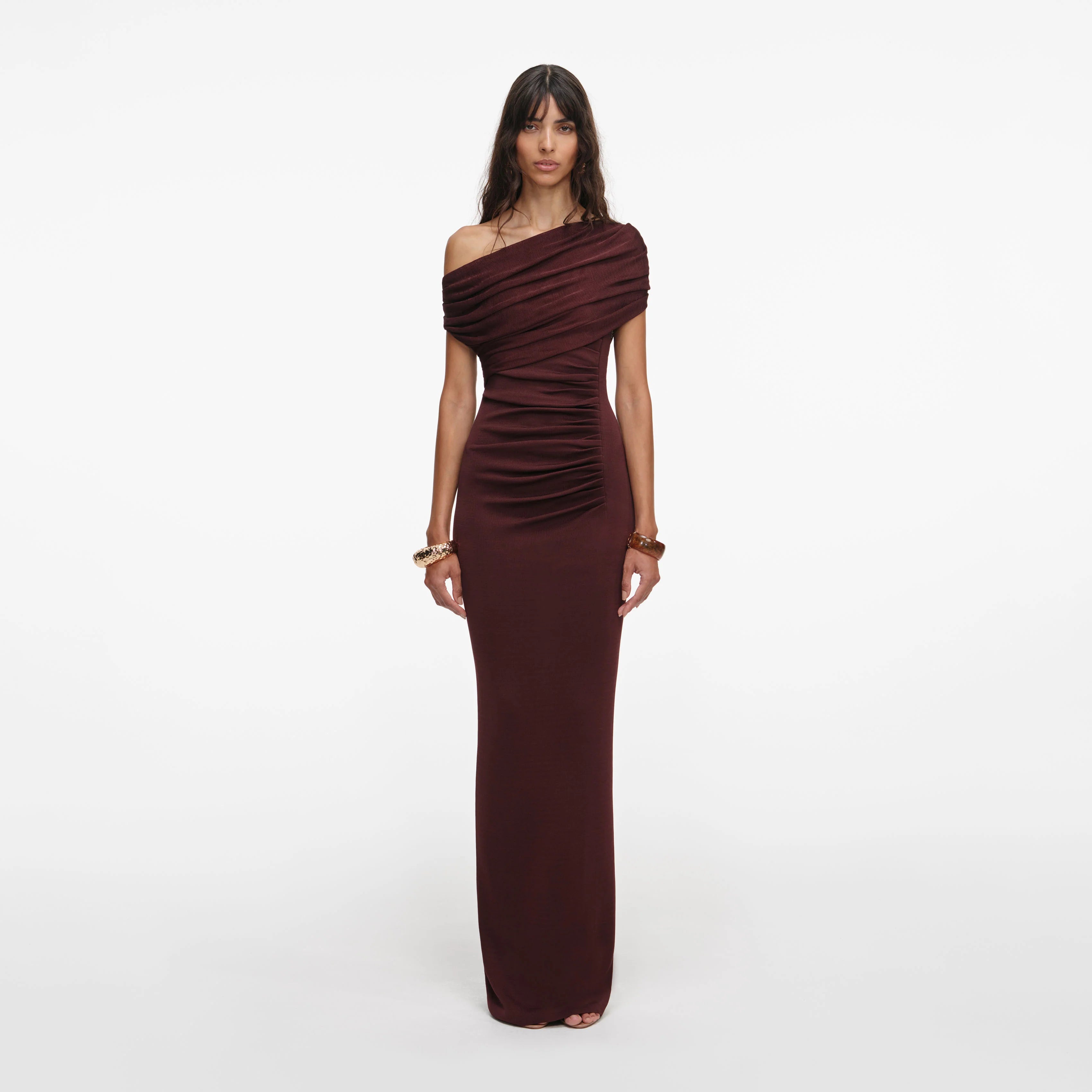 Brown Draped Knit Midi Dress
