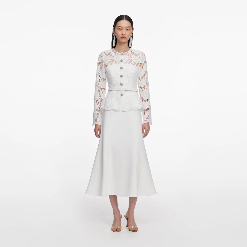 White Lace Crepe Midi Dress