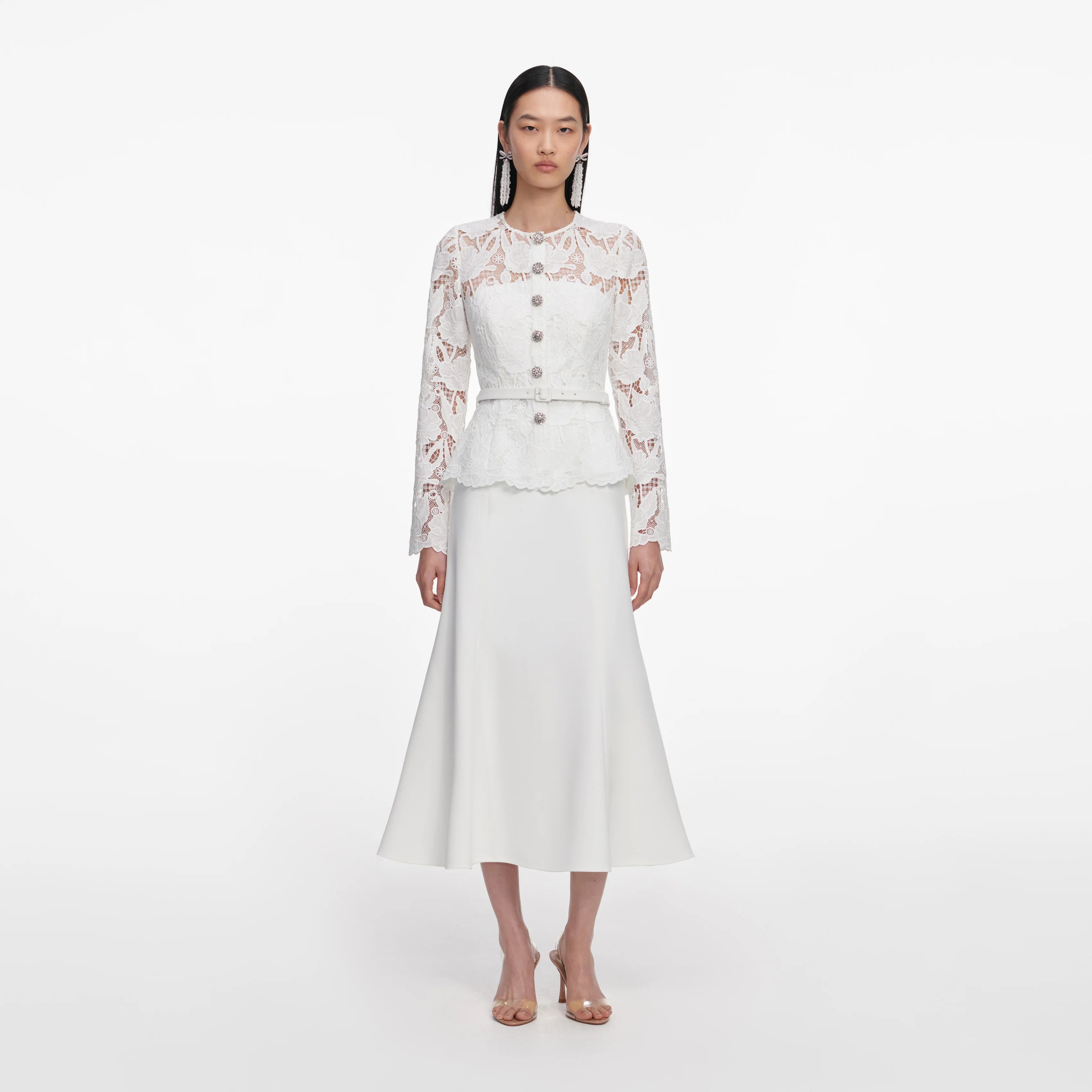 White Lace Crepe Midi Dress