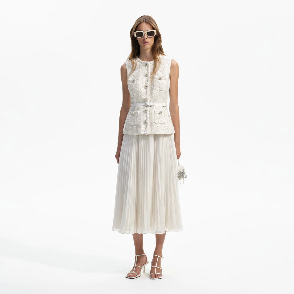 Cream Sequin Boucle Tailored Midi Dress