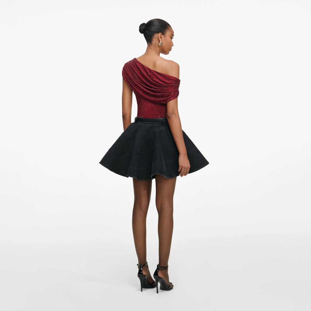 Black Flared Denim Mini Skirt