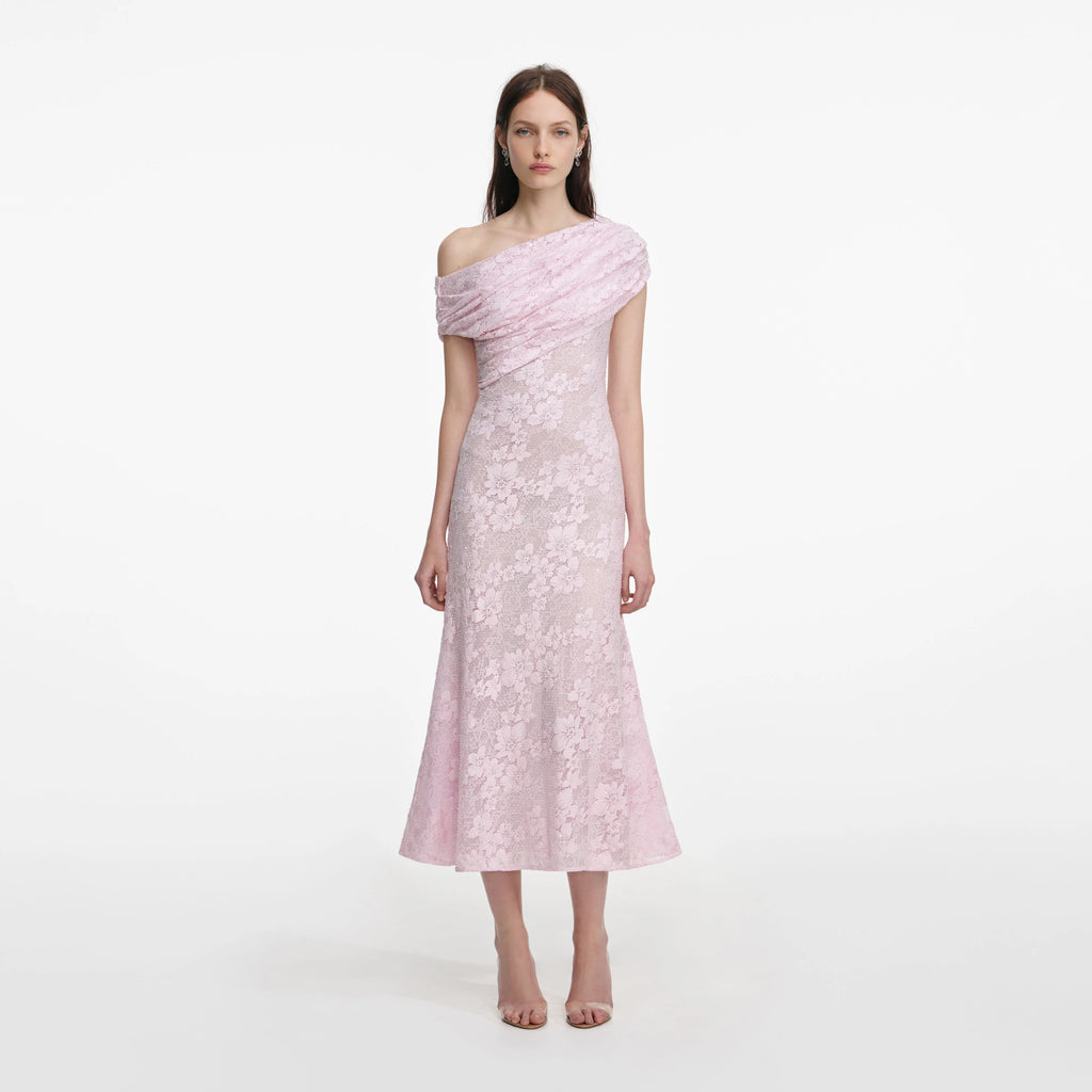Pink Rhinestone Lace Asymmetric Midi Dress