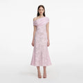 Pink Rhinestone Lace Asymmetric Midi Dress