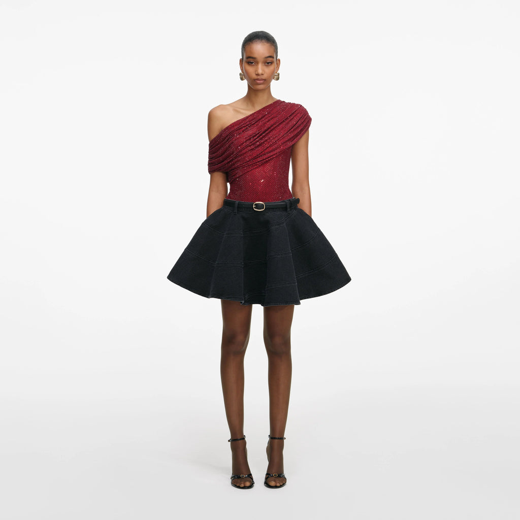 Black Flared Denim Mini Skirt
