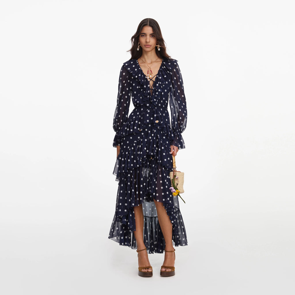 Polka Dot Georgette Ruffle Maxi Dress