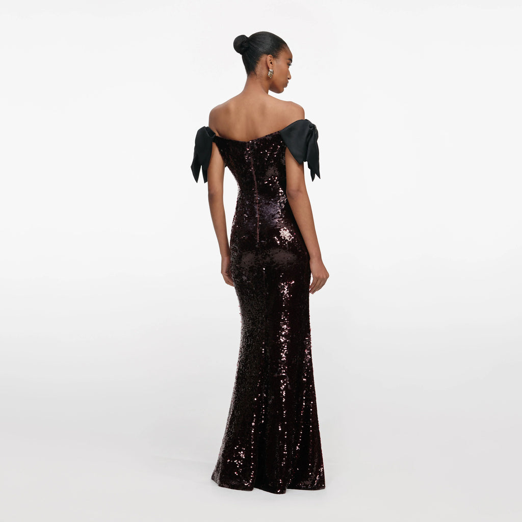 Brown Sequin Bow Maxi Dress